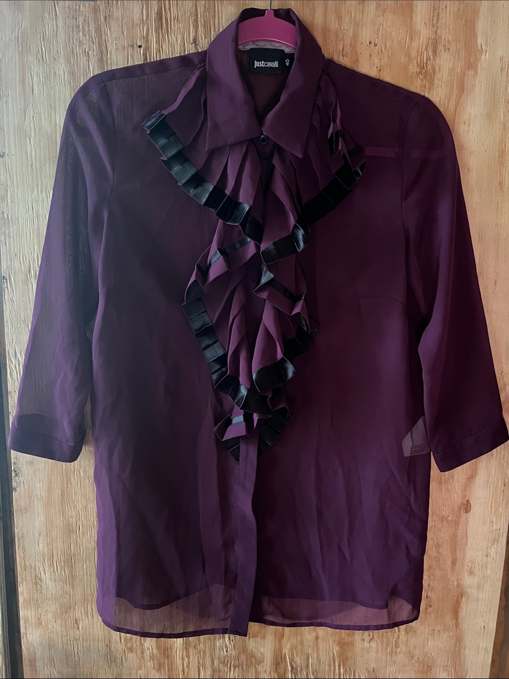 Just Cavalli Purple Ruffle-Front Sheer Blouse